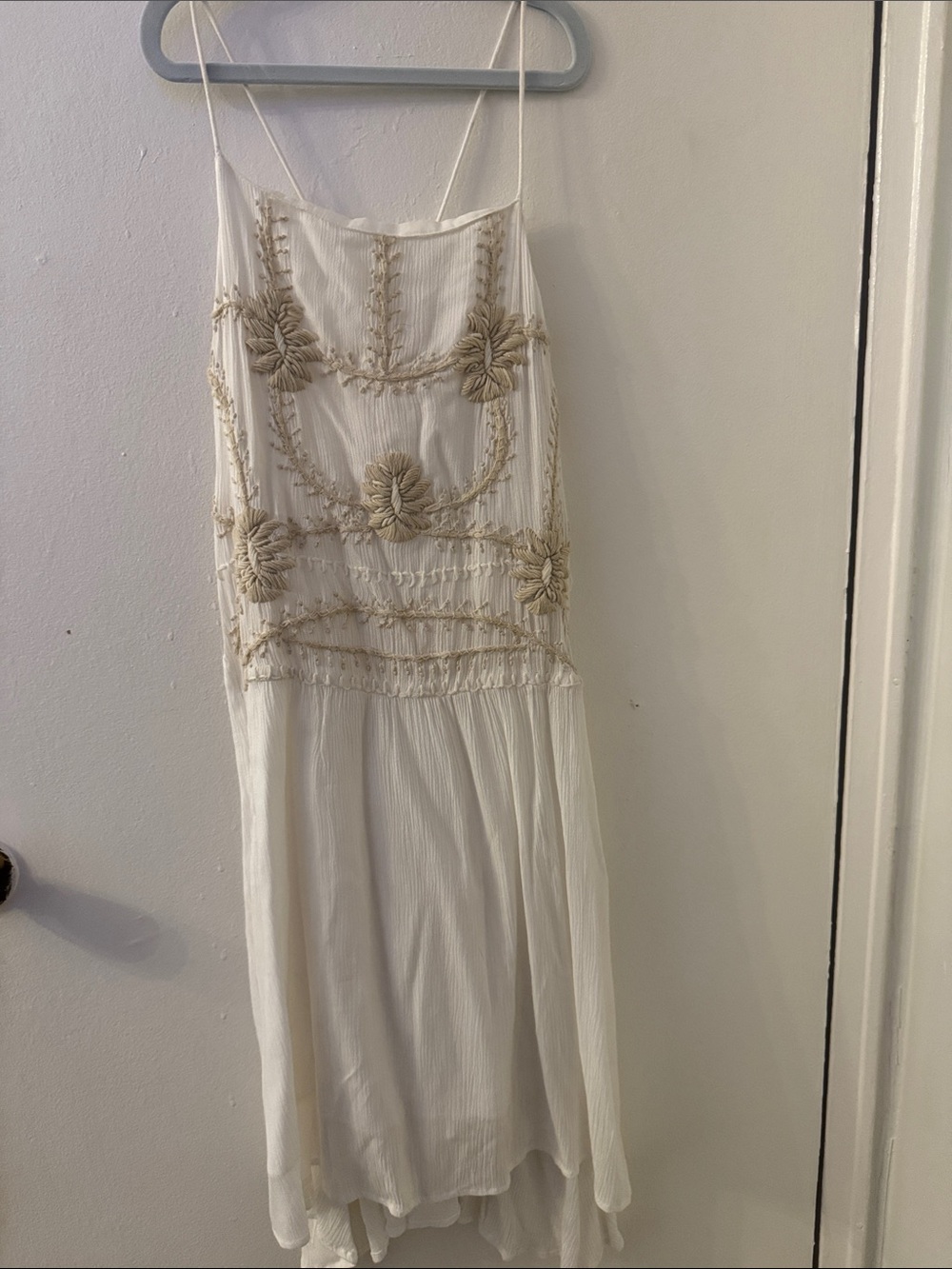 Piper White High-Low Slip Dress with Beige Floral Embroidery